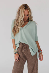 On The Go V Neck Ribbed Essential Tee - Sage