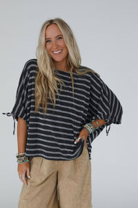 Little Lark Striped Puff Sleeve Tee - Charcoal