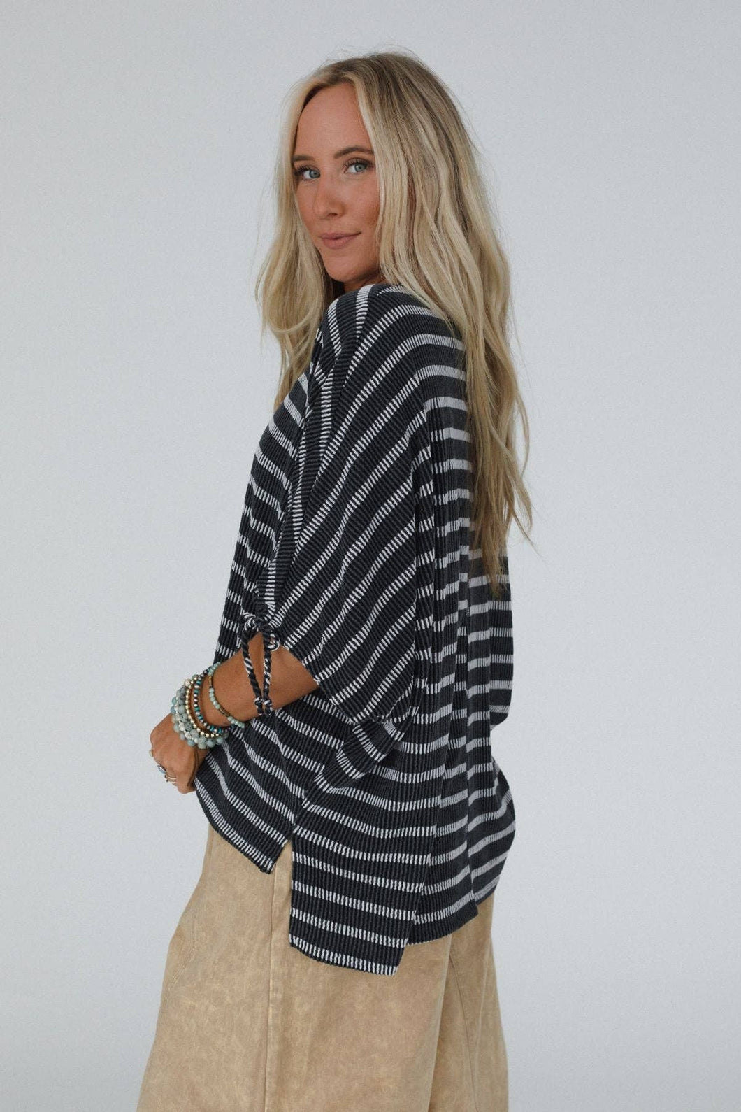 Little Lark Striped Puff Sleeve Tee - Charcoal